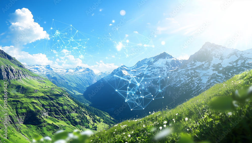 Aufkleber serene nature scene with lush green mountains and digital network symbols in sky, blending technolog