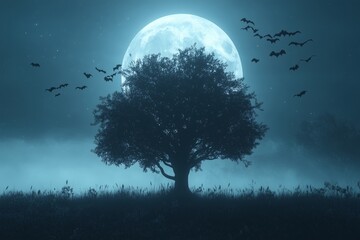 Full moon in a foggy night sky with flying bats and a creepy tree silhouette.