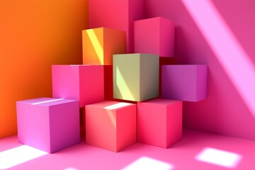 Fototapeta premium Geometric vector cubes stacked in perspective on a soft pink canvas.