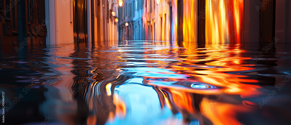 Poster vibrant cityscape reflects in rippling water, creating mesmerizing blend of colors and lights. scene captures essence of urban life with surreal, dreamlike quality