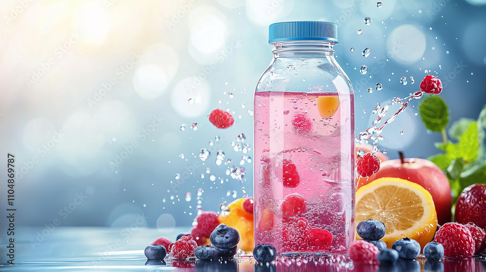 Poster vibrant sports drink bottle with splashes of energy, surrounded by fresh fruits like raspberries, bl