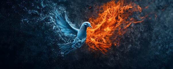 End of War and Peace Concept, Artistic Representation of a Dove Formed by Blending Fire and Water Elements in a Dramatic Contrast
