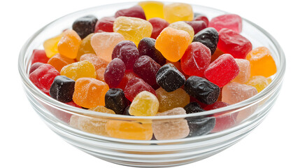 colourful jelly beans in a glass bowl isolated on white background
