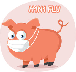 Cartoon Pig Wearing Mask Infected with with H1N1 Flu. Sick animal spreading diseases tu human patients 
