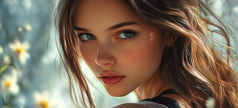 Stunning Portrait of a Young Woman with Long Brown Hair - Captivating beauty, dreamy gaze, flowing hair, soft light, floral background.  Represents allure, femininity, youth, serenity, and natural bea