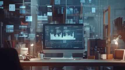 Fototapeta premium Modern Workspace with Computer Displaying Data Analysis Charts