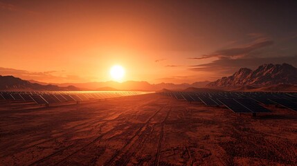 Obraz premium Breathtaking sunset over solar panels in a vast desert landscape, highlighting renewable energy and nature's beauty.