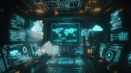 Obraz premium Futuristic Digital Interface with Cloud Technology and Data Visualization
