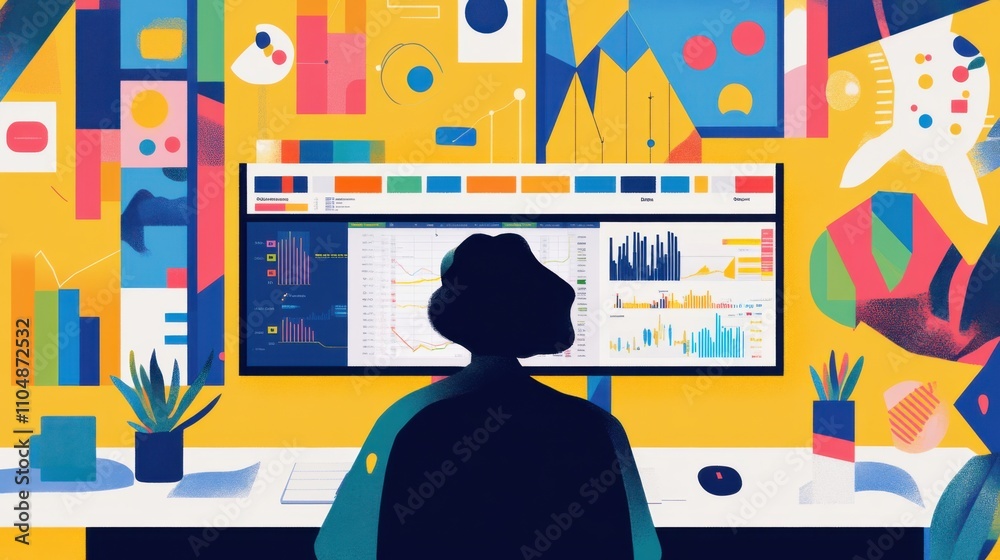 Poster person analyzing data on computer screen in colorful workspace
