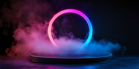 Neon Circle Glowing in Smoky Atmosphere Futuristic Cyberpunk Abstract Background