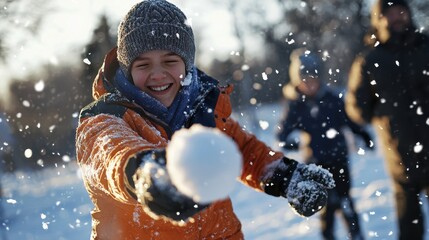 A young boy is throwing a snowball in the snow