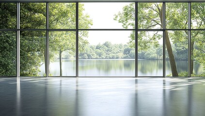 Serene Lakeside View Through Expansive Modern Windows: A Peaceful Interior Design