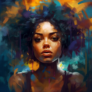 Portrait of a stunningly beautiful young African American woman painted with bright colors