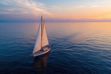 Fototapeta premium A sailboat is sailing on a calm sea at sunset