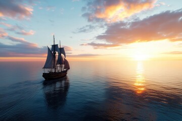 Fototapeta premium A large ship sails across the ocean at sunset