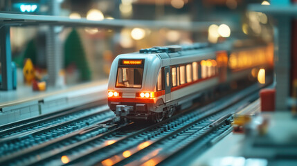 model train on tracks in vibrant station setting, showcasing intricate details and lighting. scene captures essence of railway engineering and design