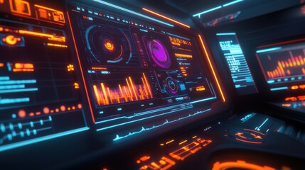 Obraz premium Futuristic Control Interface with Neon Lights and Data Visualization