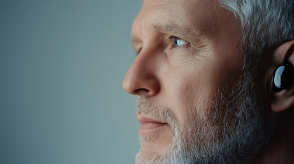 Fototapeta premium A man with a beard and gray hair is wearing headphones