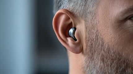 Obraz premium A man with a beard and gray hair is wearing a pair of earbuds