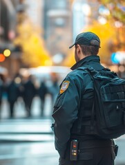 Urban Security Guard Maintaining Safety and Order - A security guard stands vigilant in a bustling city street, ensuring public safety and order.  Symbols: protection, vigilance, safety, law enforceme
