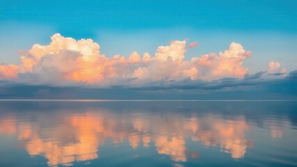 Fototapeta premium Serene Sunset Reflection on Calm Blue Lake, Perfect for Wall Art, Desktop Background, or Meditation Inspiration