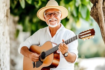 Elderly Hispanic man enjoying retirement while playing guitar on a sunny patio surrounded by nature