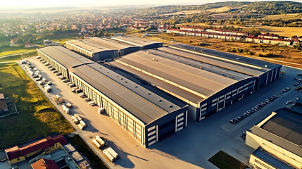 Aerial View of Extensive Industrial Complex at Sunset, Featuring Multiple Large Warehouses with Loading Docks and Surrounding Suburban Landscape