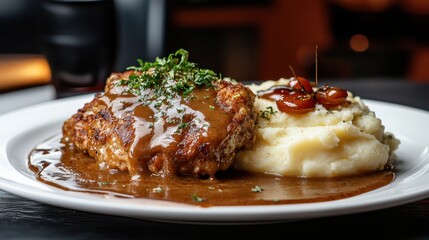 A plate of meat and mashed potatoes with gravy