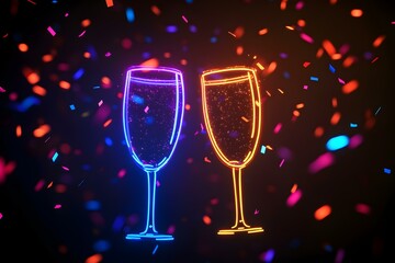 Neon outlines add a touch of excitement to champagne glasses clinking amidst falling confetti, all set against a mysterious black background.