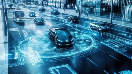 A sophisticated autonomous vehicle fleet management system, clean urban environment with digital tracking and management interfaces for autonomous vehicles, Automotive style