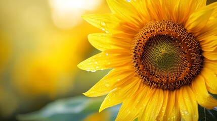Fototapeta premium Vibrant Sunflower Close-Up: Summer Bloom - A close-up of a vibrant sunflower with dew drops, symbolizing summer, nature, growth, happiness, and abundance.
