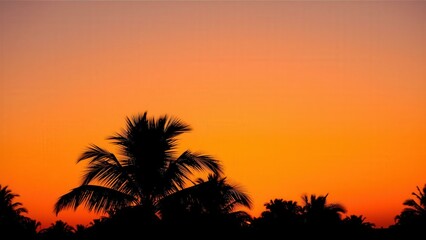 Tropical Sunset Silhouette: Palm Trees Against Vibrant Orange Sky, Perfect for Wall Art or Home Decor