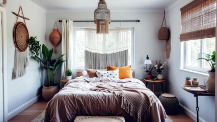 Obraz premium Relaxing Boho Bedroom with Natural Elements and Warm Tones Perfect for Cozy Living or Home Decor Inspiration