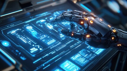 Obraz premium Futuristic Robot Hand Interacting with Digital Holographic Interface