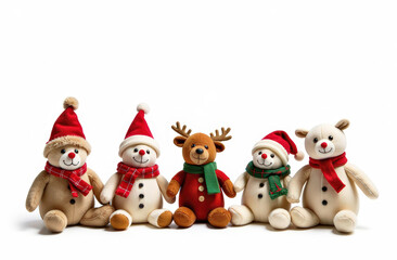 Festive holiday plush toys with santa hats and scarves