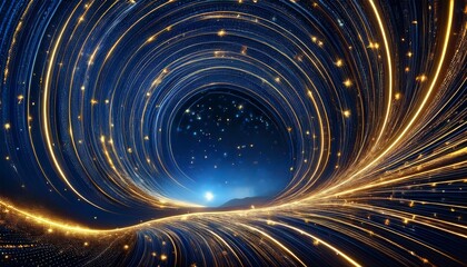 A blue night sky with golden light lines flowing in a spiral, twinkling like stars