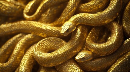 Obraz premium Abstract background with tangled golden snakes, shiny metallic scales texture, unique background for new 2025 year
