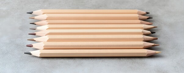 Fototapeta premium Back-to-school concept, A neat arrangement of wooden pencils laid out on a flat surface, showcasing their pointed tips and natural wood finish.