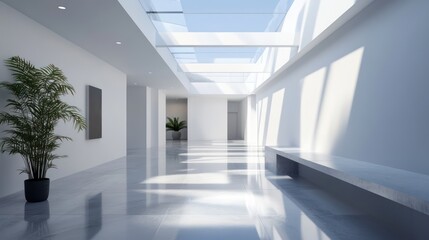 Obraz premium Modern Minimalist White Hallway with Skylight and Plants