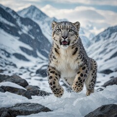 Obraz premium A snow leopard leaping across icy rocks in a snowy mountain range.
