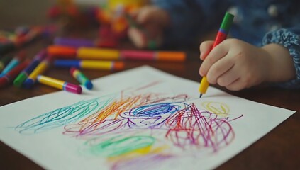 Naklejka premium Toddler's Colorful Crayon Drawing on Paper, Artistic Expression, Childhood Creativity, Vivid Hues, Imagination