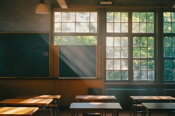 Sunlit Classroom: Empty Desks and a Chalkboard Filled with Equations, Waiting for Students to Return