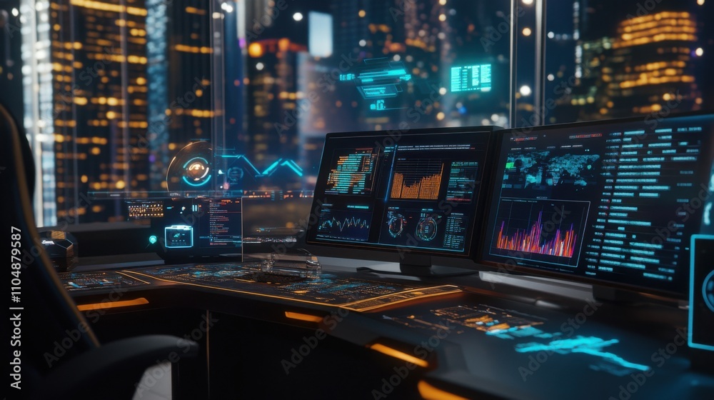 Poster modern data analytics workspace with multiple screens at night