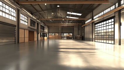 Spacious Industrial Warehouse Interior Design Sunlight Streaming Through Large Windows  Modern Architectural Space