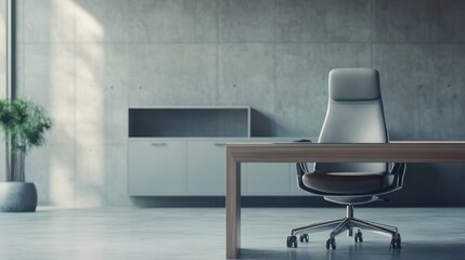 A high tech advanced and luxurious cabin of a director of a company. in which there is a modern wooden table and a gray lather moving chair and a small cupboard.