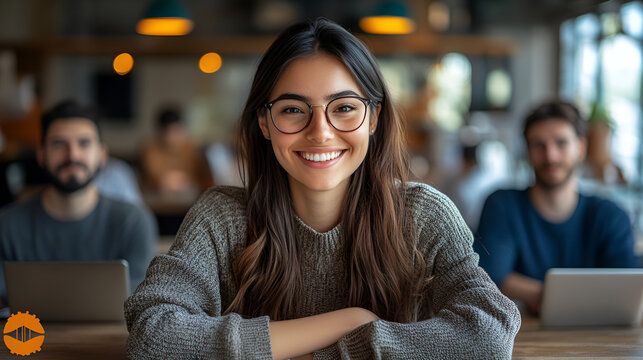 Fototapeta portrait of a smiling woman using a mobile phone while sitting at a table in a modern office with panoramic windows in the background. blurred people can be seen working and talking to each other in t