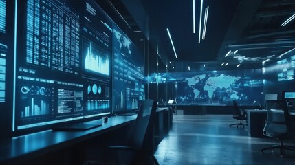 Futuristic Data Analysis Room with Screens and Technology Displays