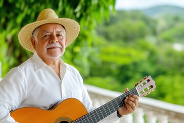 Cheerful elderly Hispanic man playing guitar on a sunny patio with relaxed ambiance