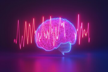 A vibrant, neon brain illustration with an electrocardiogram line, representing neuroscience, technology, and mental health.