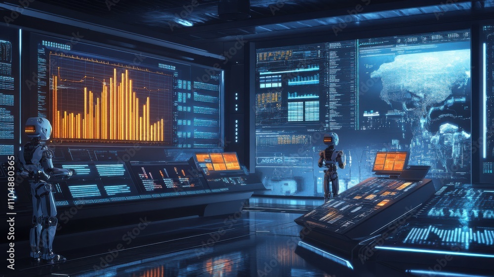 Poster futuristic control room with robots and data visualizations